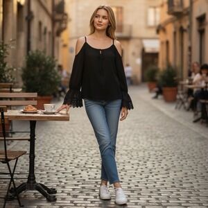 VAVA‎ by Joy Han NWT Black Open Shoulder Whimsigoth Cottage Boho Romantic Top S